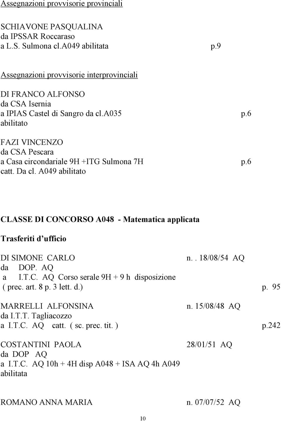 a035 abilitato FAZI VINCENZO da CSA Pescara a Casa circondariale 9H +ITG Sulmona 7H catt. Da cl. A049 abilitato p.6 p.