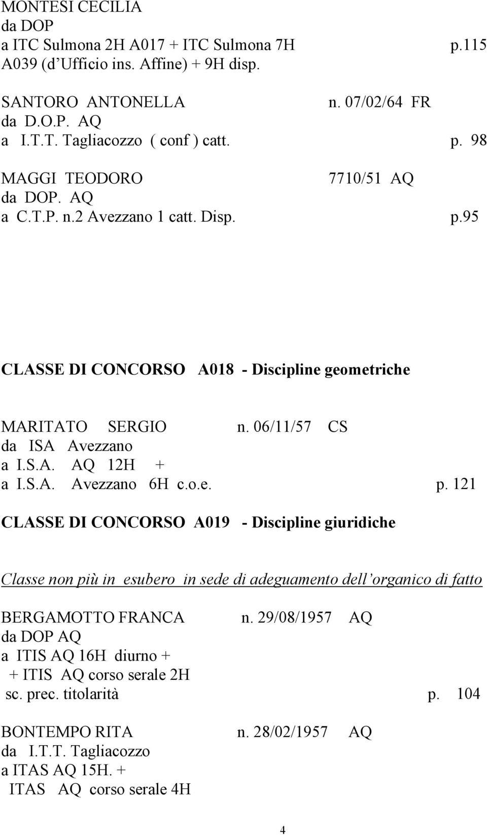 95 CLASSE DI CONCORSO A018 - Discipline geometriche MARITATO SERGIO n. 06/11/57 CS da ISA Avezzano a I.S.A. AQ 12H + a I.S.A. Avezzano 6H c.o.e. p.
