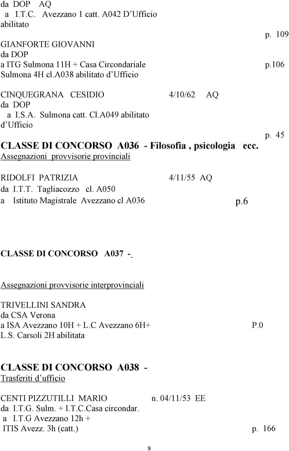 A050 a Istituto Magistrale Avezzano cl A036 p.6 CLASSE DI CONCORSO A037 - Assegnazioni provvisorie interprovinciali TRIVELLINI SANDRA da CSA Verona a ISA Avezzano 10H + L.C Avezzano 6H+ L.S. Carsoli 2H abilitata P.