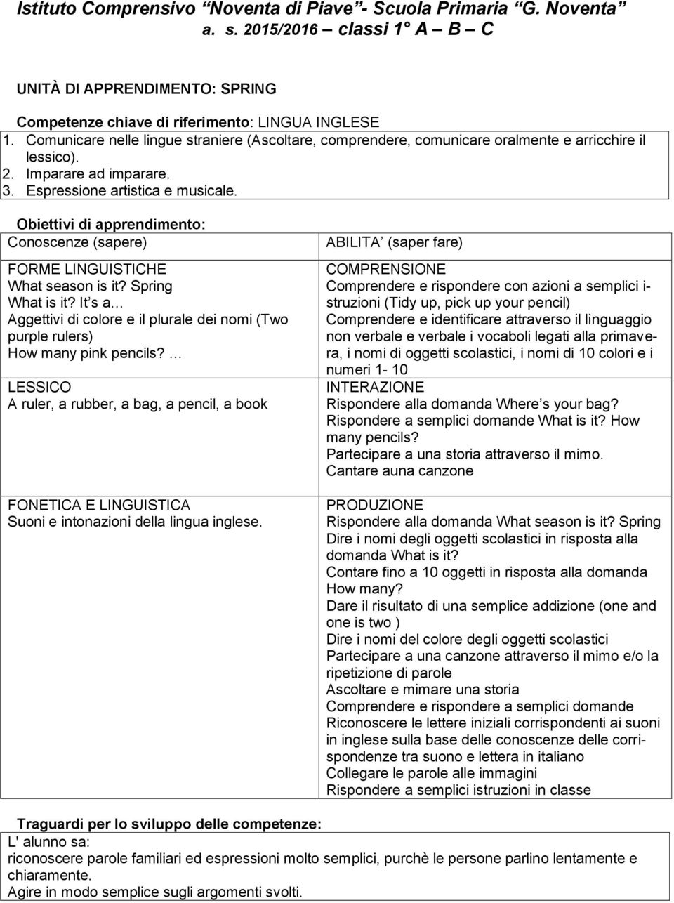 Obiettivi di apprendimento: Conoscenze (sapere) FORME LINGUISTICHE What season is it? Spring What is it? It s a Aggettivi di colore e il plurale dei nomi (Two purple rulers) How many pink pencils?