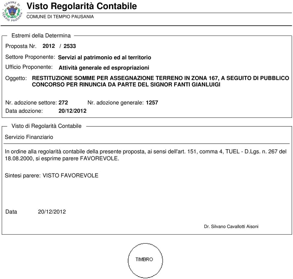 ZONA 167, A SEGUITO DI PUBBLICO CONCORSO PER RINUNCIA DA PARTE DEL SIGNOR FANTI GIANLUIGI Nr. adozione settore: 272 Data adozione: 20/12/2012 Nr.