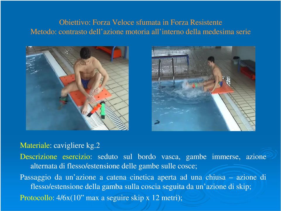 2 Descrizione esercizio: seduto sul bordo vasca, gambe immerse, azione alternata di flesso/estensione delle gambe