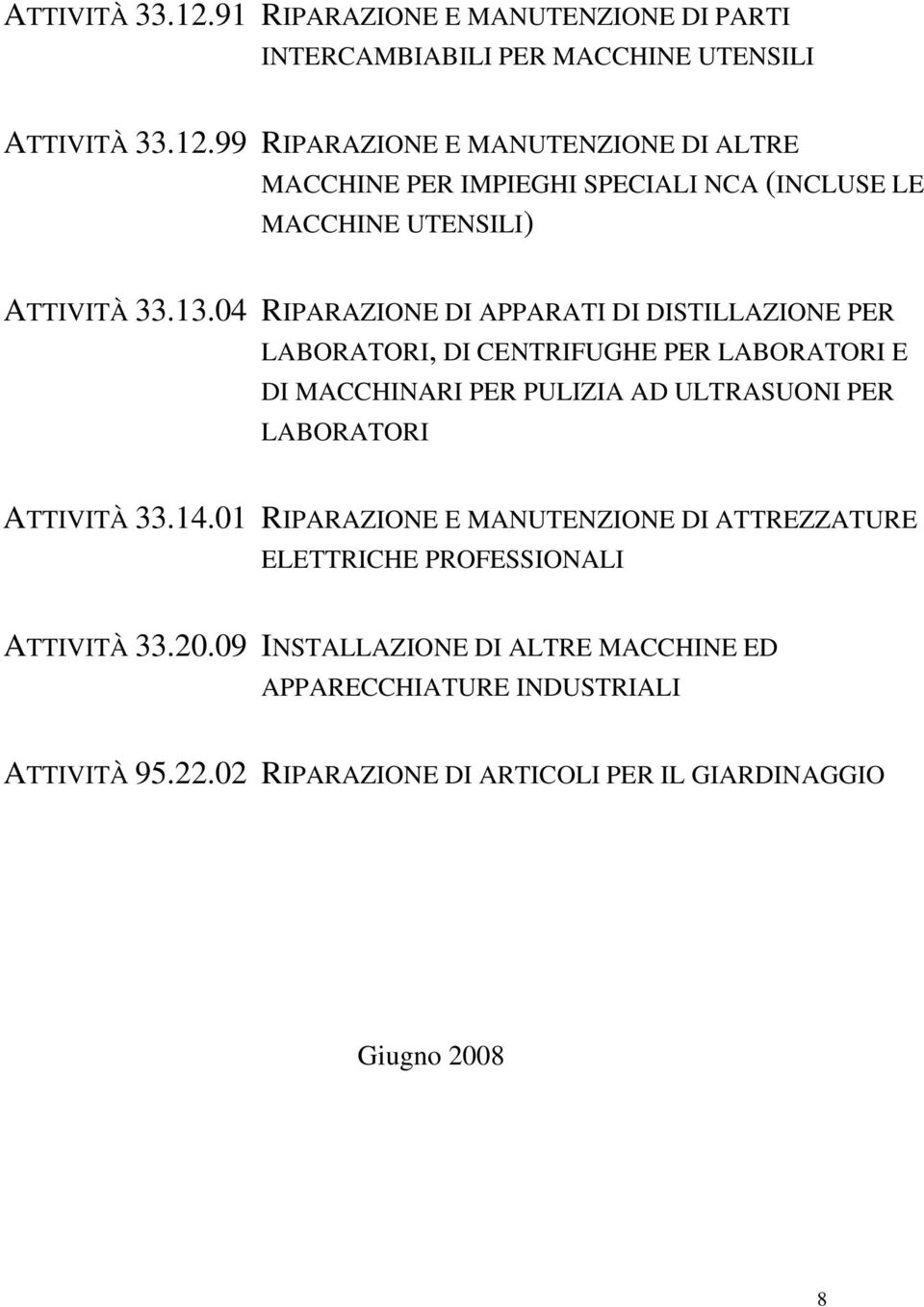 ATTIVITÀ 33.14.01 RIPARAZIONE E MANUTENZIONE DI ATTREZZATURE ELETTRICHE PROFESSIONALI ATTIVITÀ 33.20.