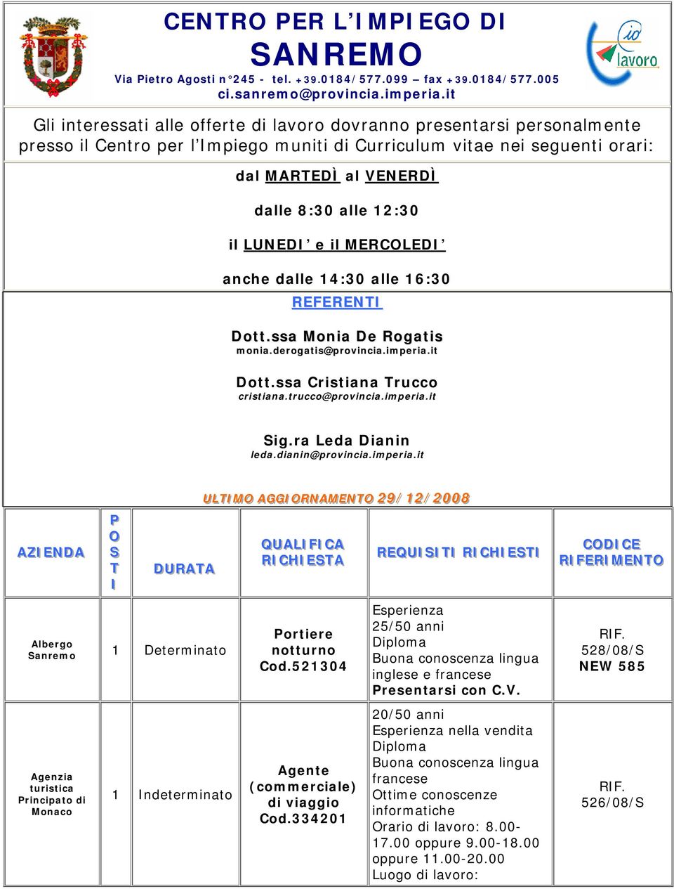 il LUNEDI e il MERCOLEDI anche dalle 4:30 alle 6:30 REFERENTI Dott.ssa Monia De Rogatis monia.derogatis@provincia.imperia.it Dott.ssa Cristiana Trucco cristiana.trucco@provincia.imperia.it Sig.