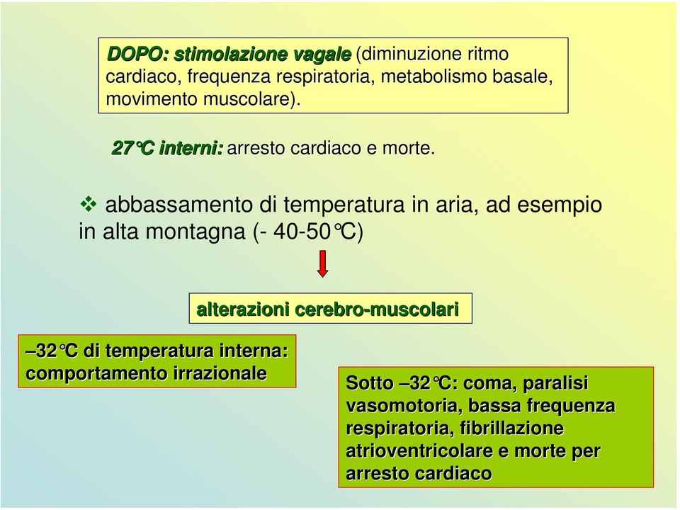 abbassamento di temperatura in aria, ad esempio in alta montagna (- 40-50 C) alterazioni cerebro-muscolari 32 C