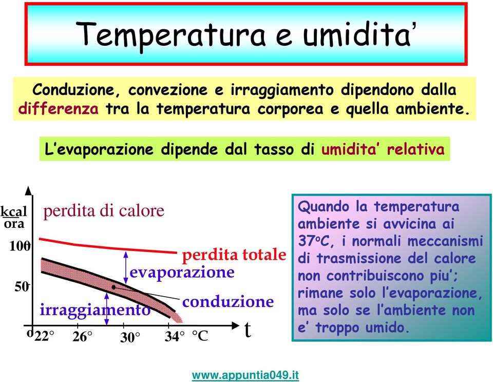 L evaporazione dipende dal tasso di umidita relativa kcal ora 100 50 perdita di calore irraggiamento o 22 26 30 34 perdita