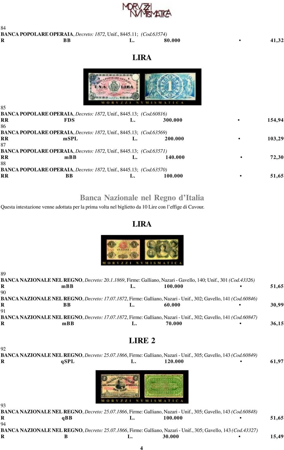 000 72,30 88 BANCA POPOLARE OPERAIA, Decreto: 1872, Unif., 8445.13; (Cod.63570) RR BB L. 100.