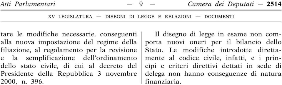 della Repubblica 3 novembre 2000, n. 396. Il disegno di legge in esame non comporta nuovi oneri per il bilancio dello Stato.