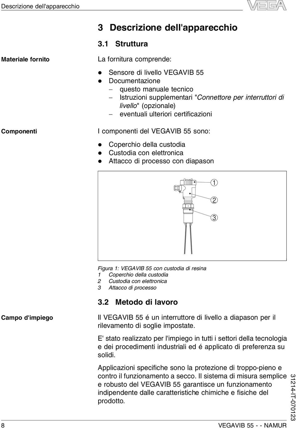 (opzionae) - eventuai uteriori certificazioni I componenti de VEGAVIB 55 sono: Coperchio dea custodia Custodia con eettronica Attacco di processo con diapason 1 2 3 Campo d'impiego Figura 1: VEGAVIB