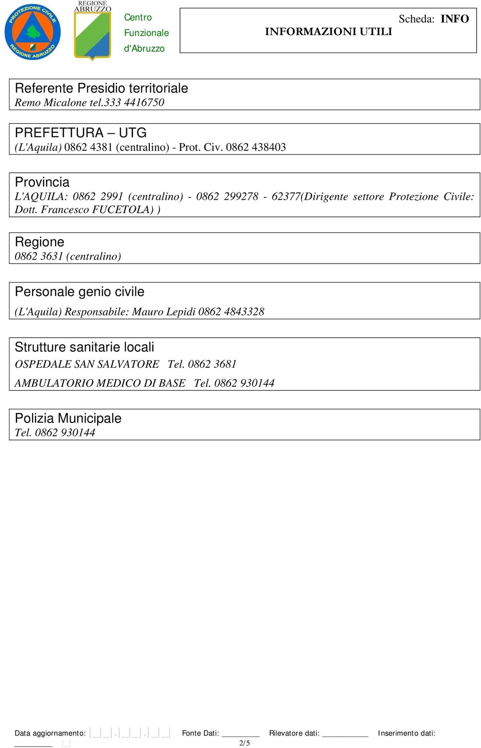 Francesco FUCETOLA) ) Regione 0862 3631 (centralino) Personale genio civile (L'Aquila) Responsabile: Mauro Lepidi 0862 4843328