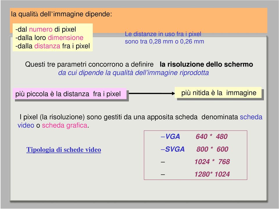 riprodotta più piùpiccola piccola è la la distanza fra fra i i pixel pixel più piùnitida è la la immagine I pixel (la risoluzione) sono