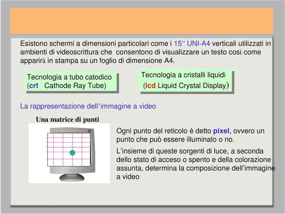 Tecnologia a tubo tubo catodico (crt (crt Cathode Ray Ray Tube) Tube) Tecnologia a cristalli cristalli liquidi liquidi (lcd (lcdliquid LiquidCrystal Display) La