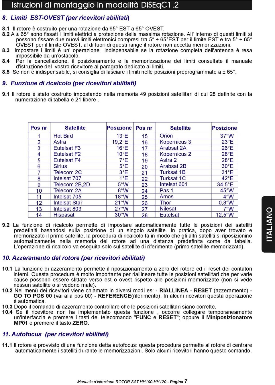 accetta memorizzazioni. 8.3 Impostare i limiti è un' operazione indispensabile se la rotazione completa dell'antenna è resa impossibile da un'ostacolo. 8.4 Per la cancellazione, il posizionamento e la memorizzazione dei limiti consultate il manuale d'istruzione del vostro ricevitore al paragrafo dedicato ai limiti.