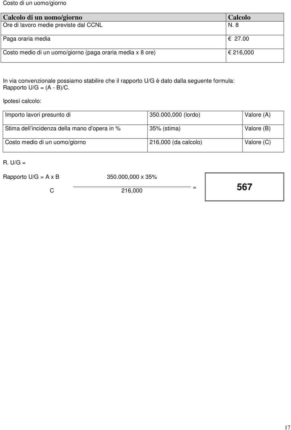 seguente formula: Rapporto U/G = (A - B)/C. Ipotesi calcolo: Importo lavori presunto di 350.