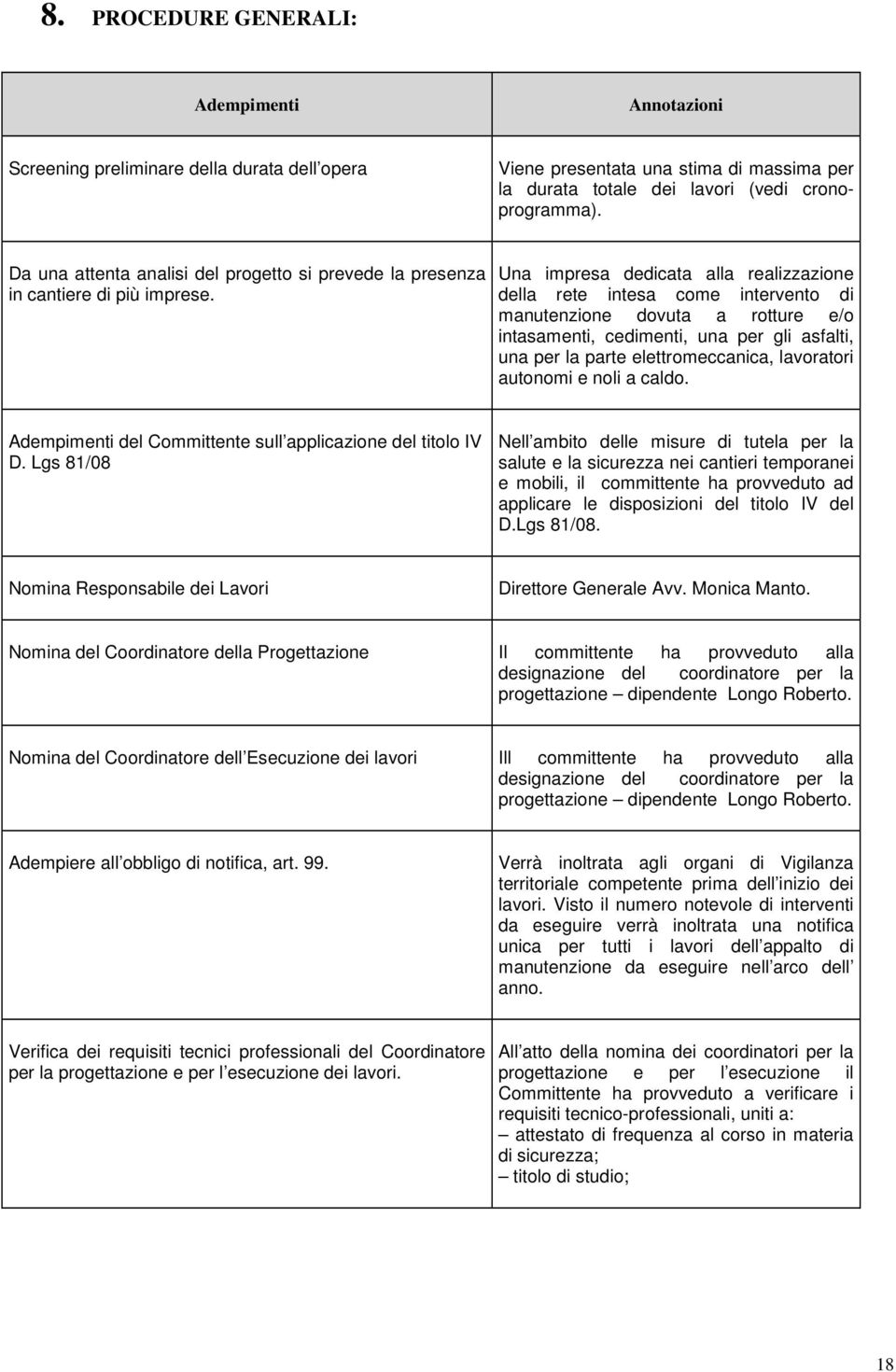 Una impresa dedicata alla realizzazione della rete intesa come intervento di manutenzione dovuta a rotture e/o intasamenti, cedimenti, una per gli asfalti, una per la parte elettromeccanica,