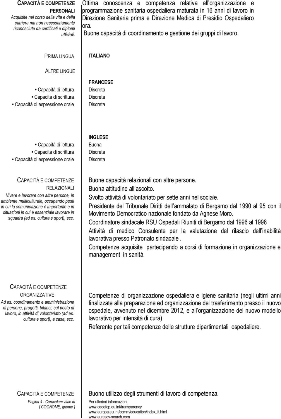 ora. Buone capacità di coordinamento e gestione dei gruppi di lavoro.