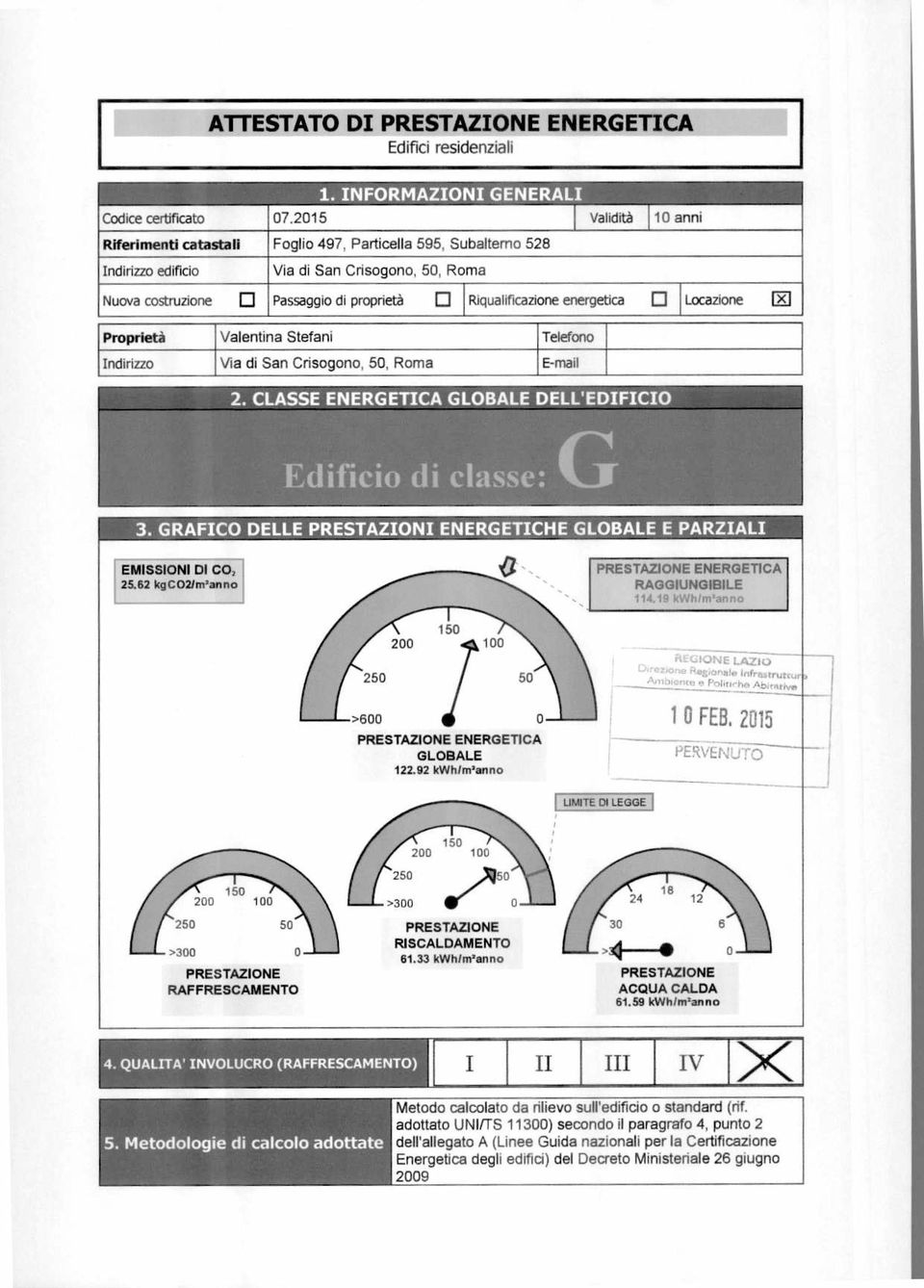 Locazione x Proprietà Valentina Stefani Telefono Via di San Crisogono, 50, Roma E-mail 2. CLASSE ENERGETICA GLOBALE DELL'EDIFICIO Edificio di classe: le> 3.