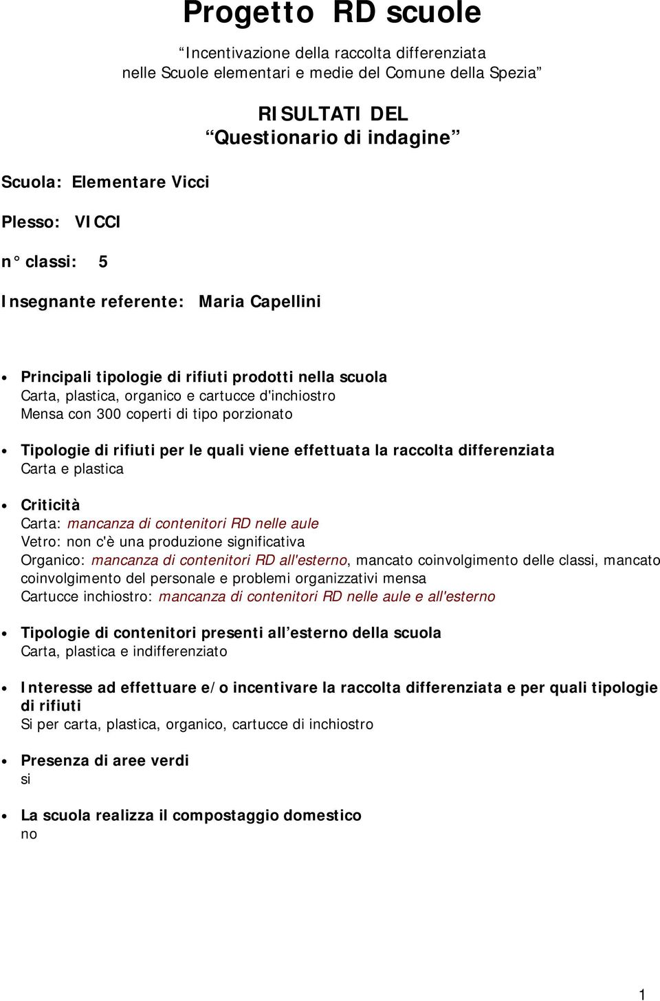 mancanza di contenitori RD all'ester, mancato coinvolgimento delle clas, mancato coinvolgimento del personale e problemi organizzativi mensa