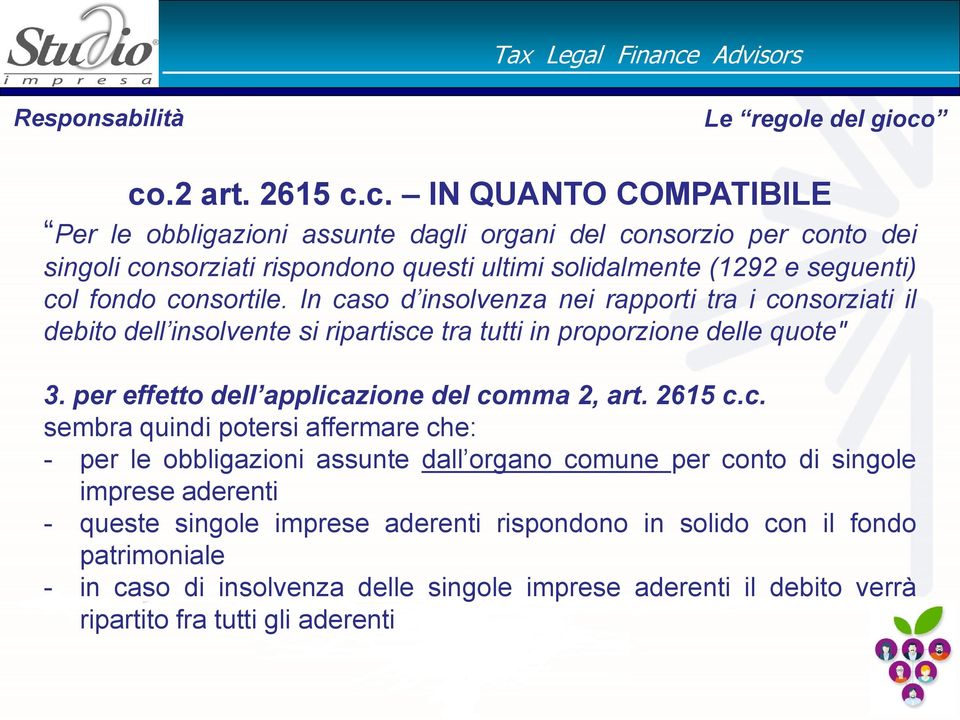 seguenti) col fondo consortile. In caso d insolvenza nei rapporti tra i consorziati il debito dell insolvente si ripartisce tra tutti in proporzione delle quote" 3.