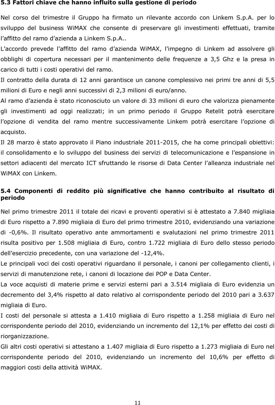 che consente di preservare gli investimenti effettuati, tramite l affitto del ramo d azienda a Linkem S.p.A.