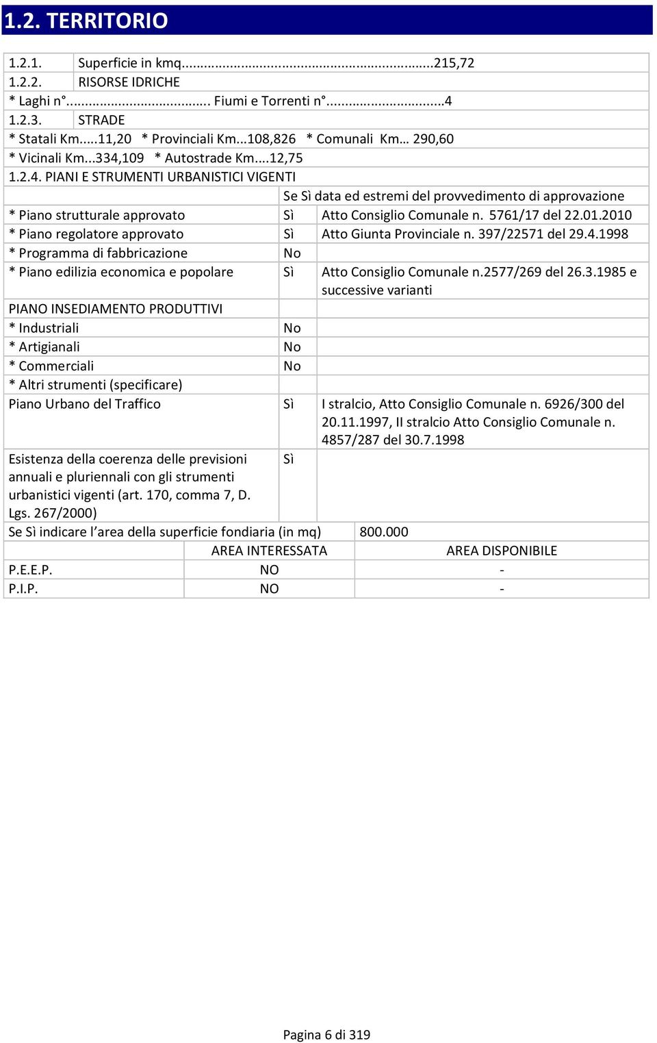 109 * Autostrade Km...12,75 1.2.4. PIANI E STRUMENTI URBANISTICI VIGENTI Se Sì data ed estremi del provvedimento di approvazione * Piano strutturale approvato Sì Atto Consiglio Comunale n.