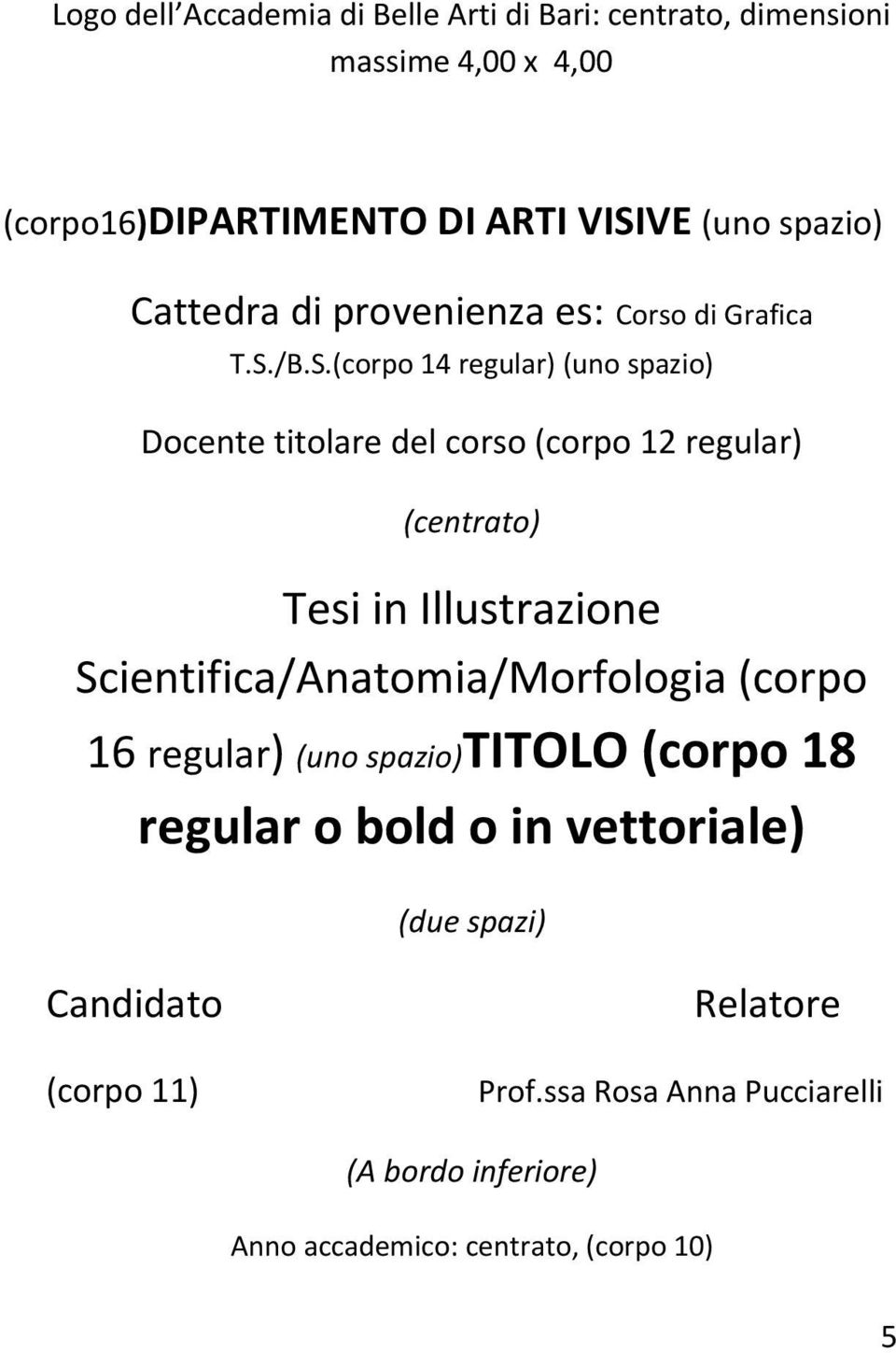 /B.S.(corpo 14 regular) (uno spazio) Docente titolare del corso (corpo 12 regular) (centrato) Tesi in Illustrazione