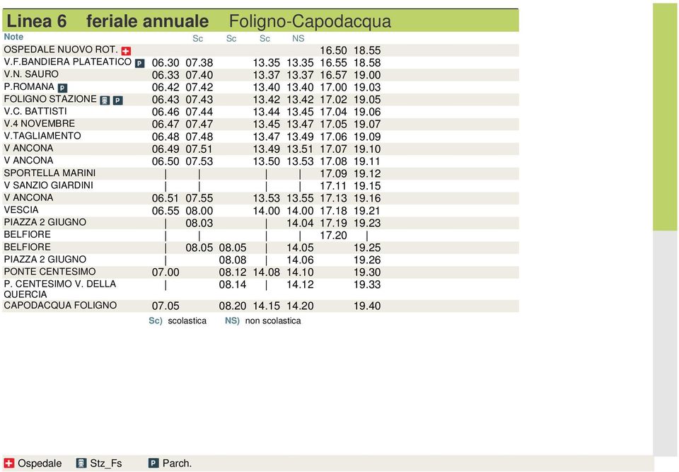 TAGLIAMENTO 06.48 07.48 13.47 13.49 17.06 19.09 V ANCONA 06.49 07.51 13.49 13.51 17.07 19.10 V ANCONA 06.50 07.53 13.50 13.53 17.08 19.11 SPORTELLA MARINI 17.09 19.12 V SANZIO GIARDINI 17.11 19.