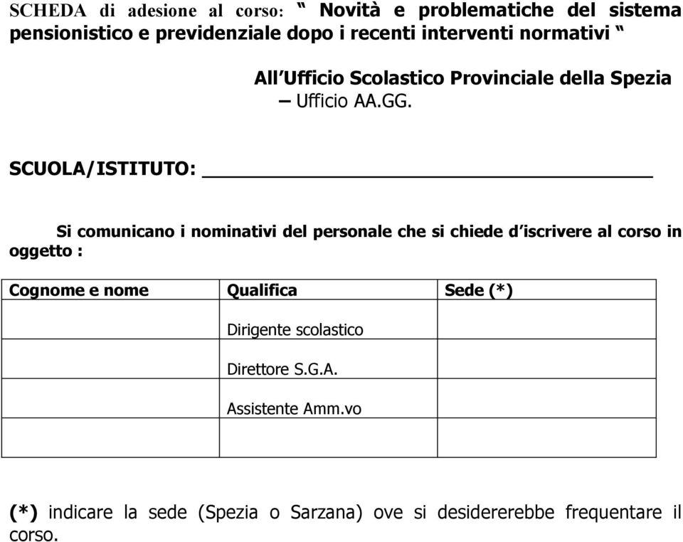 SCUOLA/ISTITUTO: Si comunicano i nominativi del personale che si chiede d iscrivere al corso in oggetto : Cognome e