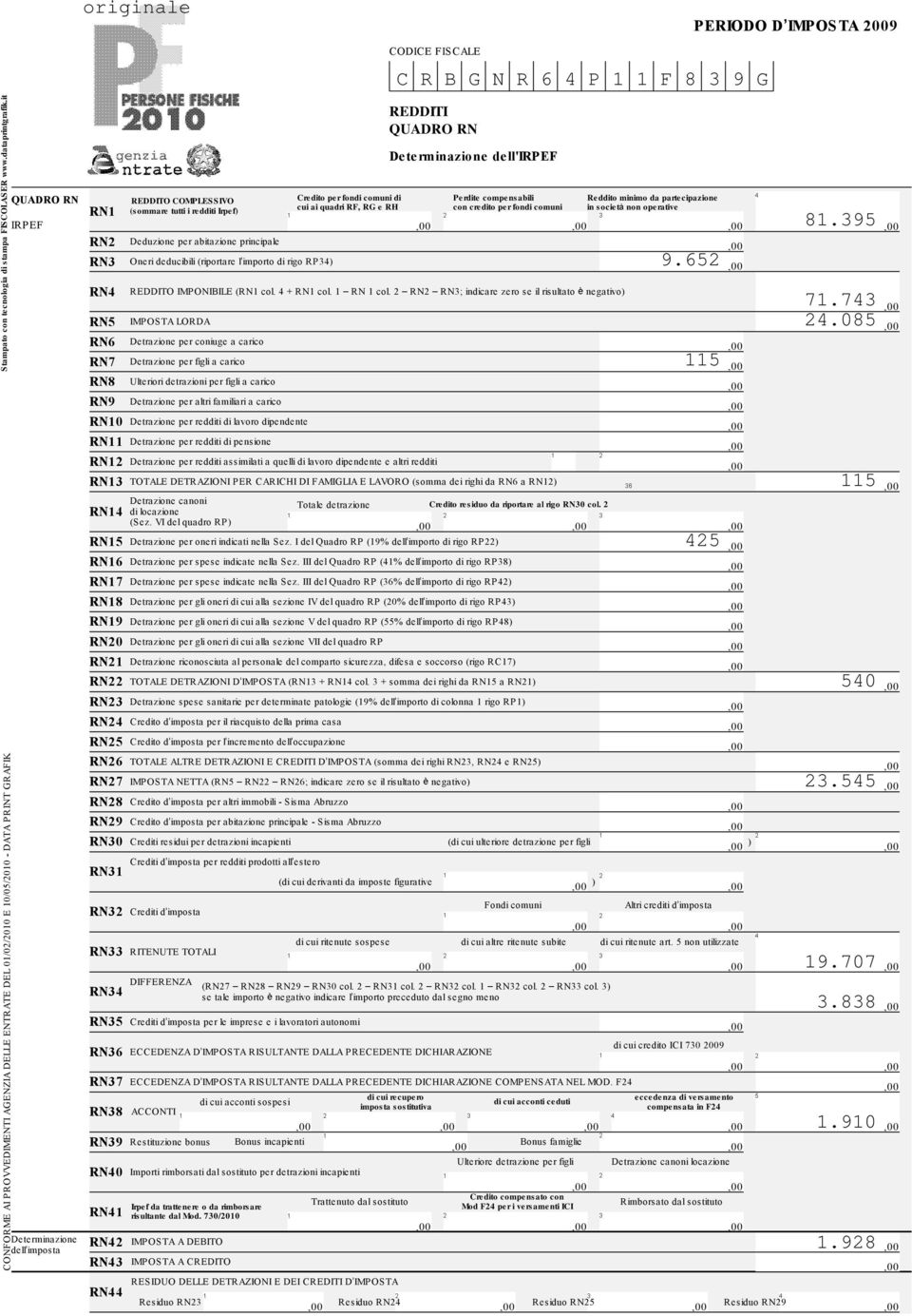 REDDITO COMPLESSIVO (sommare tutti i redditi Irpef) Deduzione per abitazione principale Oneri deducibili (riportare l importo di rigo RP34) REDDITI QUADRO RN Determinazione dell'irpef REDDITO