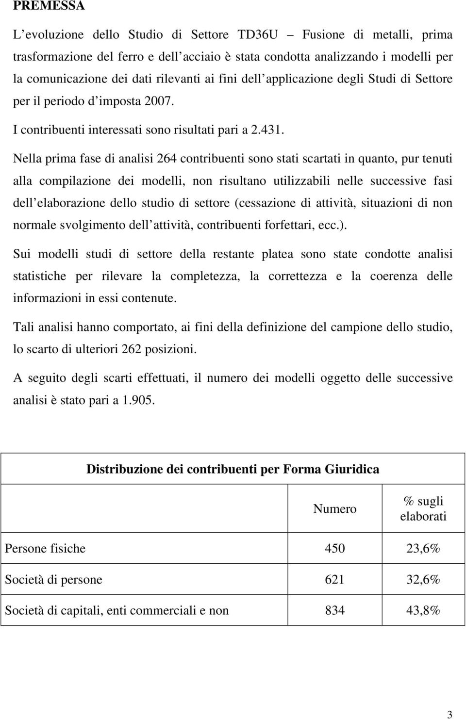 Nella prima fase di analisi 264 contribuenti sono stati scartati in quanto, pur tenuti alla compilazione dei modelli, non risultano utilizzabili nelle successive fasi dell elaborazione dello studio