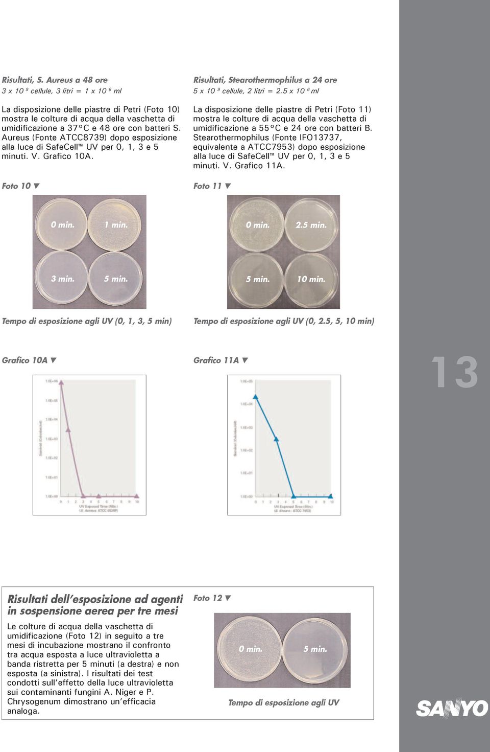 Aureus (Fonte ATCC8739) dopo esposizione alla luce di SafeCell UV per 0, 1, 3 e 5 minuti. V. Grafico 10A. Foto 10 Risultati, Stearothermophilus a 24 ore 5 x 10 9 cellule, 2 litri = 2.