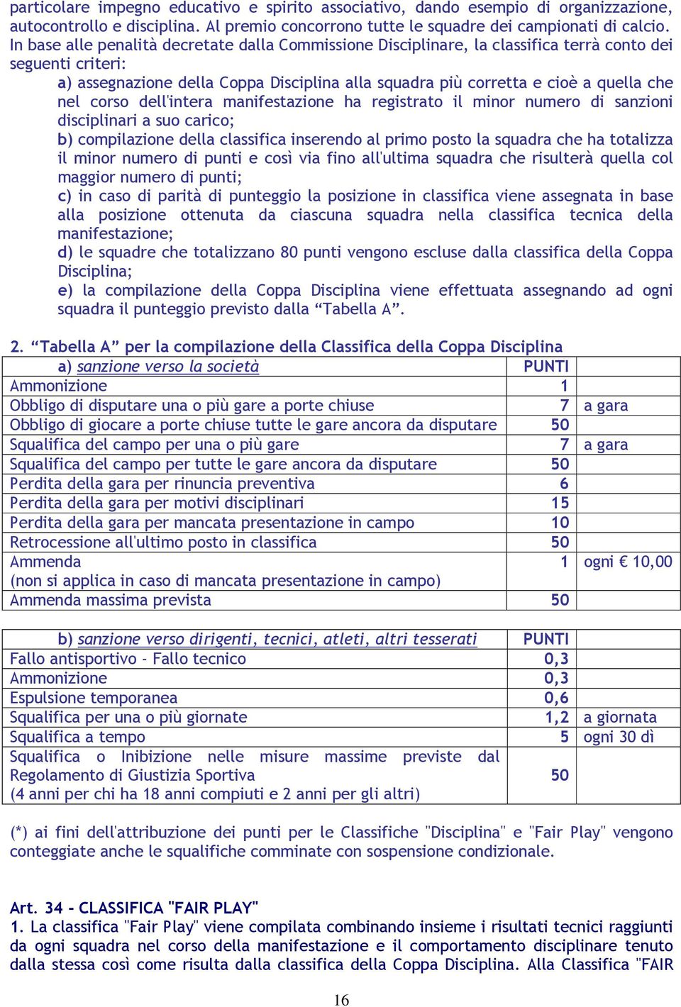 nel corso dell'intera manifestazione ha registrato il minor numero di sanzioni disciplinari a suo carico; b) compilazione della classifica inserendo al primo posto la squadra che ha totalizza il