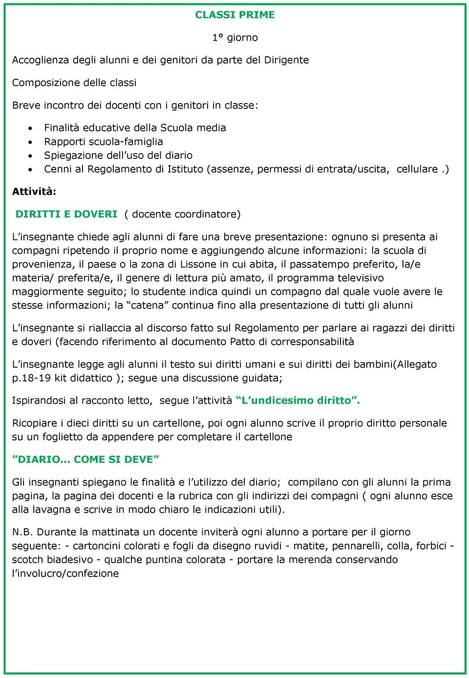 ) Attività: DIRITTI E DOVERI ( docente coordinatore) L insegnante chiede agli alunni di fare una breve presentazione: ognuno si presenta ai compagni ripetendo il proprio nome e aggiungendo alcune