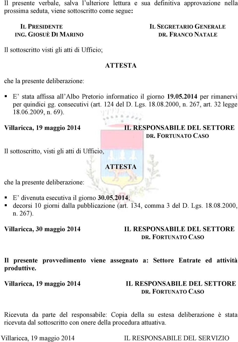 consecutivi (art. 124 del D. Lgs. 18.08.2000, n. 267, art. 32 legge 18.06.2009, n. 69). Villaricca, 19 maggio 2014 IL RESPONSABILE DEL SETTORE DR.