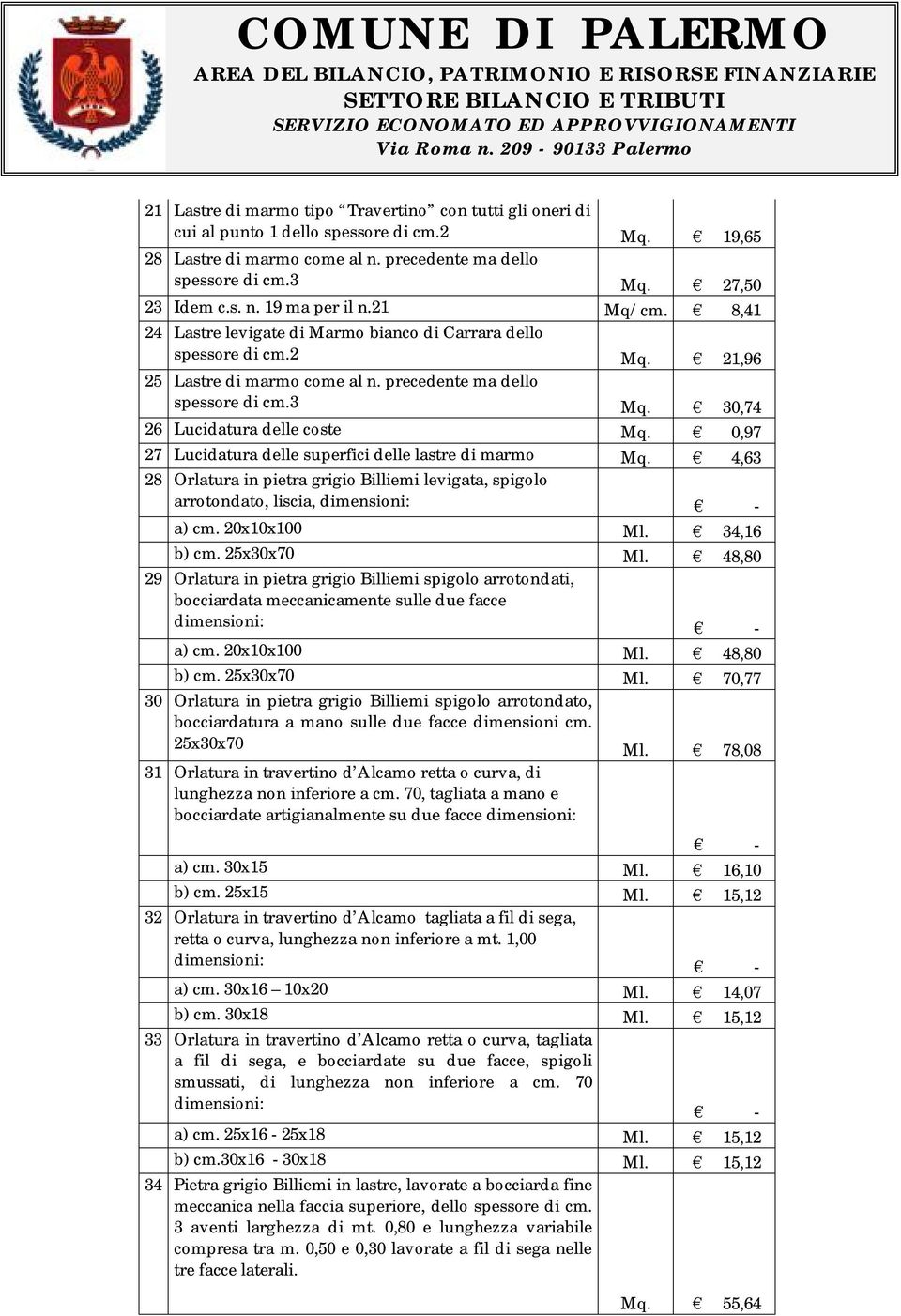 0,97 27 Lucidatura delle superfici delle lastre di marmo Mq. 4,63 28 Orlatura in pietra grigio Billiemi levigata, spigolo arrotondato, liscia, dimensioni: - a) cm. 20x10x100 Ml. 34,16 b) cm.