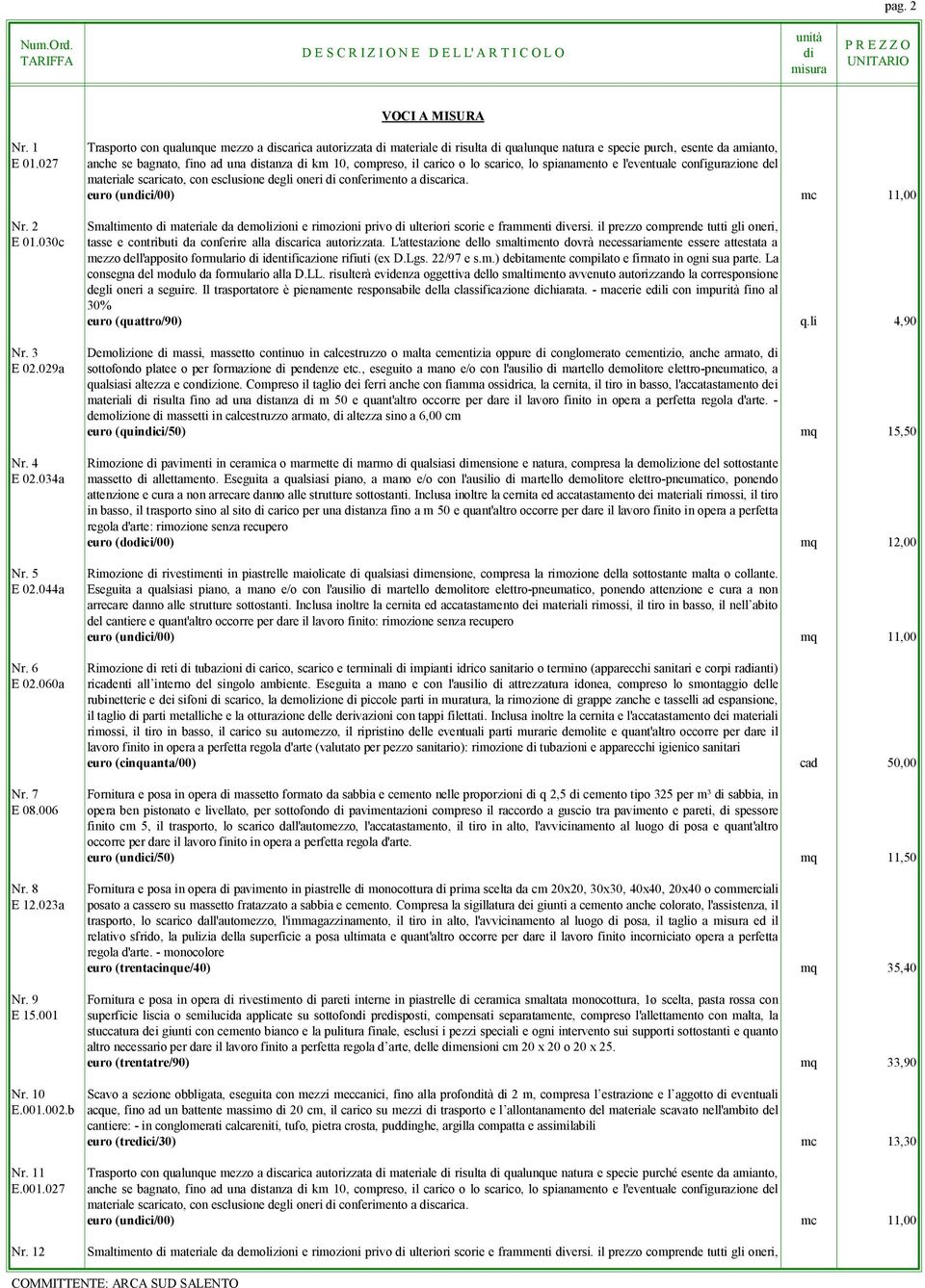 12 Trasporto con qualunque mezzo a scarica autorizzata materiale risulta qualunque natura e specie purch esente da amianto, anche se bagnato, fino ad una stanza km 10, compreso, il carico o lo