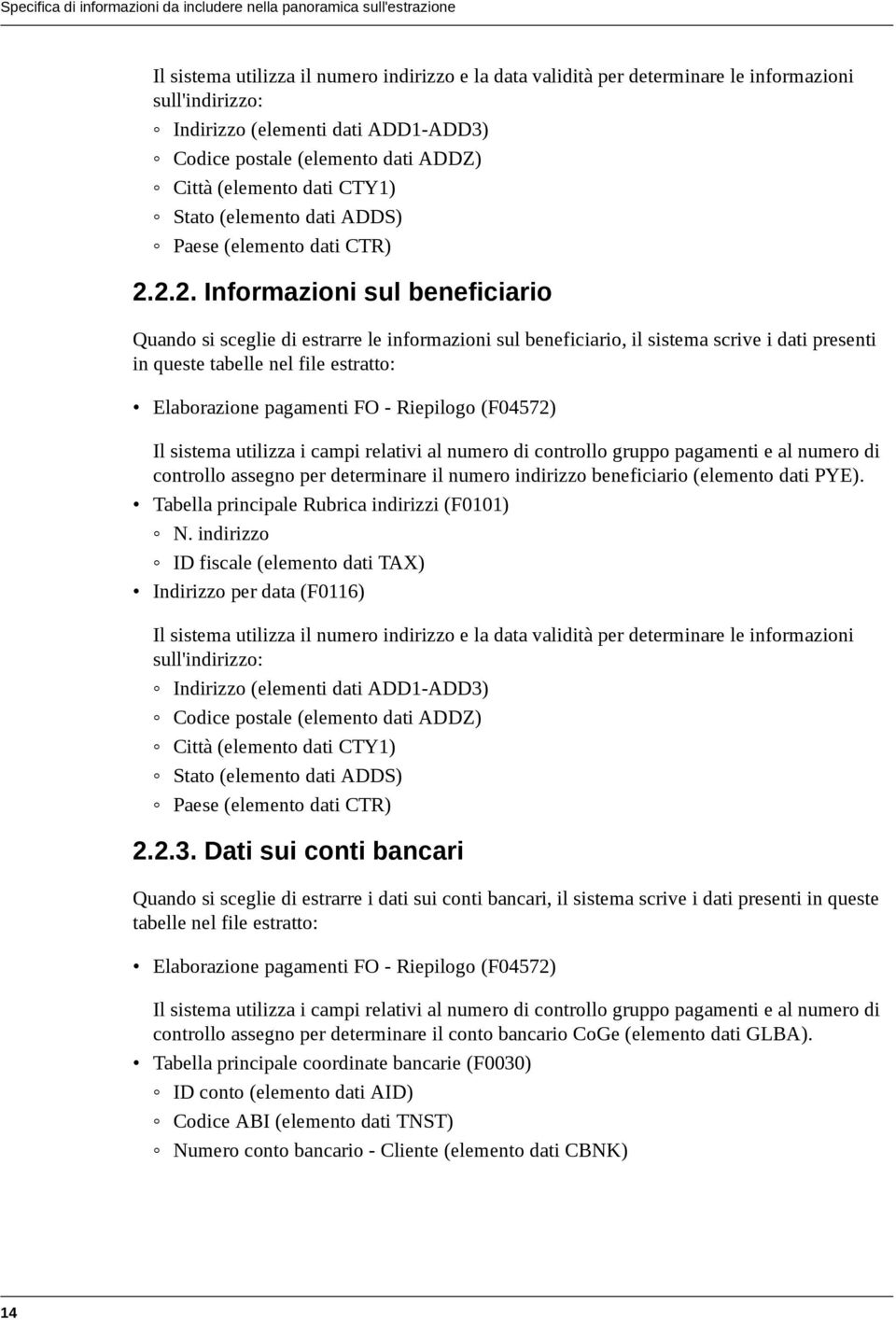 2.2. Informazioni sul beneficiario Quando si sceglie di estrarre le informazioni sul beneficiario, il sistema scrive i dati presenti in queste tabelle nel file estratto: Elaborazione pagamenti FO -