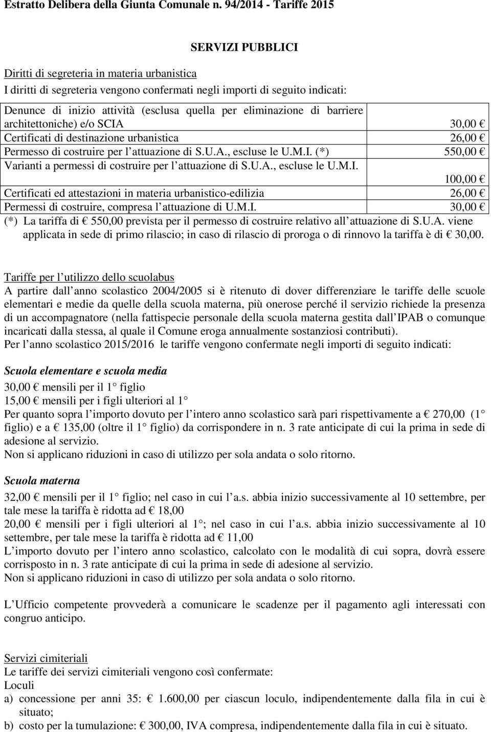 quella per eliminazione di barriere architettoniche) e/o SCIA 30,00 Certificati di destinazione urbanistica 26,00 Permesso di costruire per l attuazione di S.U.A., escluse le U.M.I. (*) 550,00 Varianti a permessi di costruire per l attuazione di S.