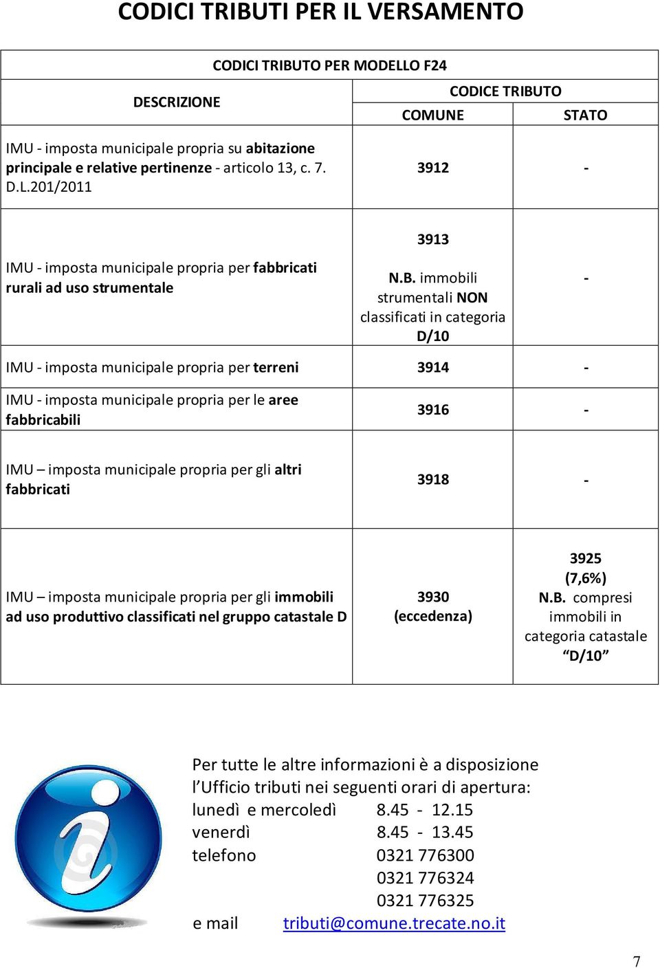 immobili strumentali NON classificati in categoria D/10 - IMU - imposta municipale propria per terreni 3914 - IMU - imposta municipale propria per le aree fabbricabili 3916 - IMU imposta municipale