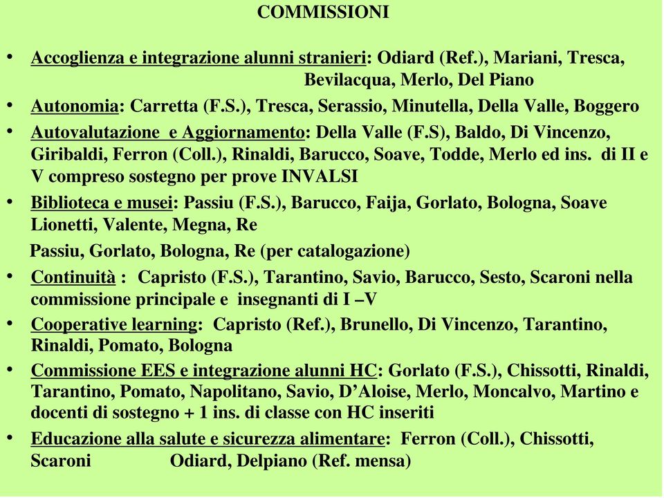 S.), Tarantino, Savio, Barucco, Sesto, Scaroni nella commissione principale e insegnanti di I V Cooperative learning: Capristo (Ref.