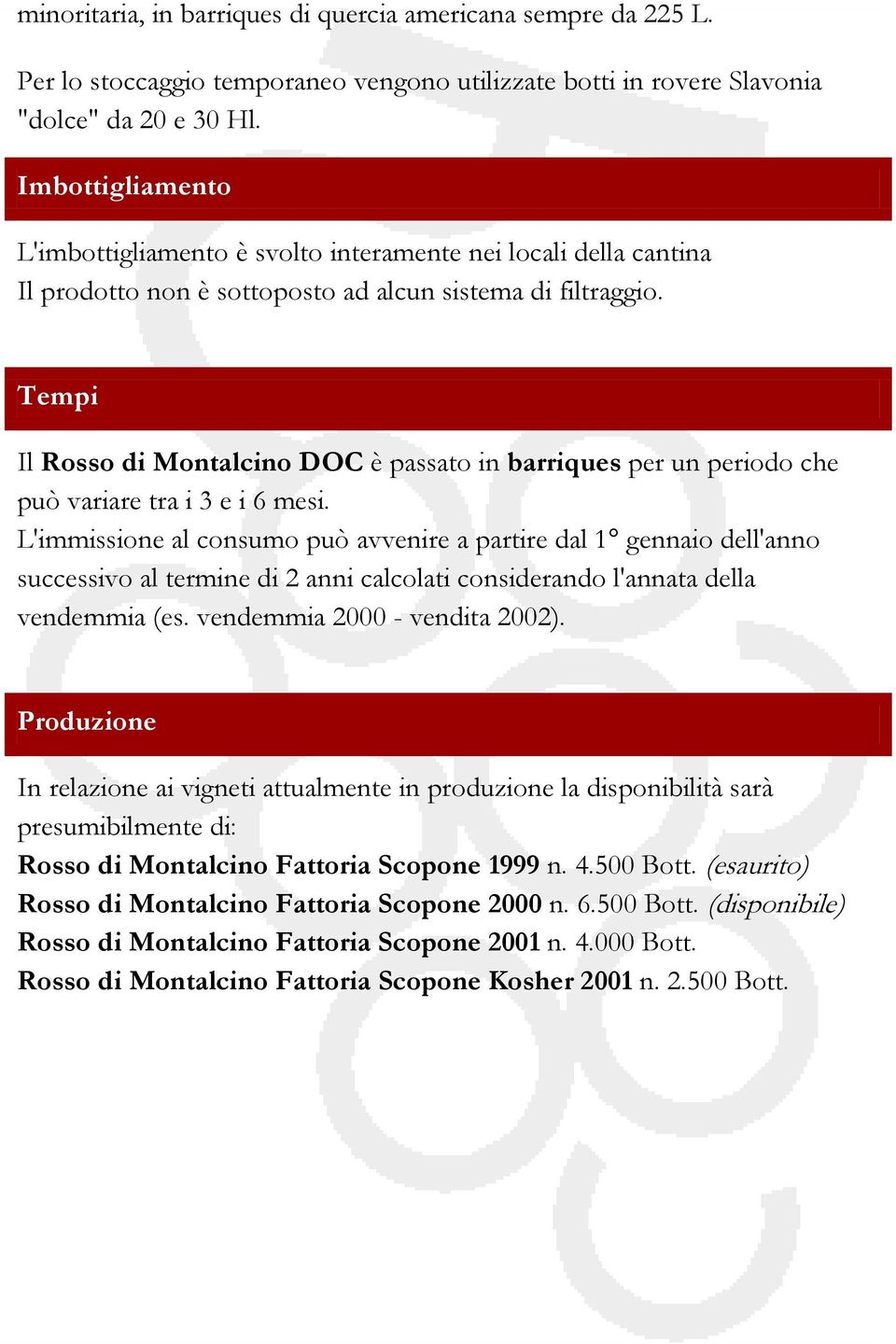 Tempi Il Rosso di Montalcino DOC è passato in barriques per un periodo che può variare tra i 3 e i 6 mesi.