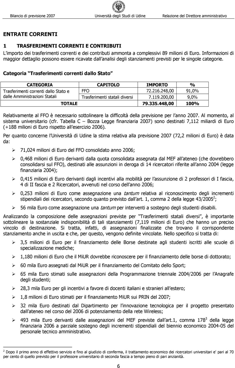 Categoria Trasferimenti correnti dallo Stato Trasferimenti correnti dallo Stato e FFO 72.216.248,00 91,0% dalle Amministrazioni Statali Trasferimenti statali diversi 7.119.200,00 9,0% TOTALE 79.335.