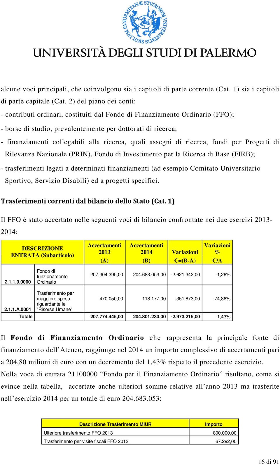 ricerca, quali assegni di ricerca, fondi per Progetti di Rilevanza Nazionale (PRIN), Fondo di Investimento per la Ricerca di Base (FIRB); - trasferimenti legati a determinati finanziamenti (ad