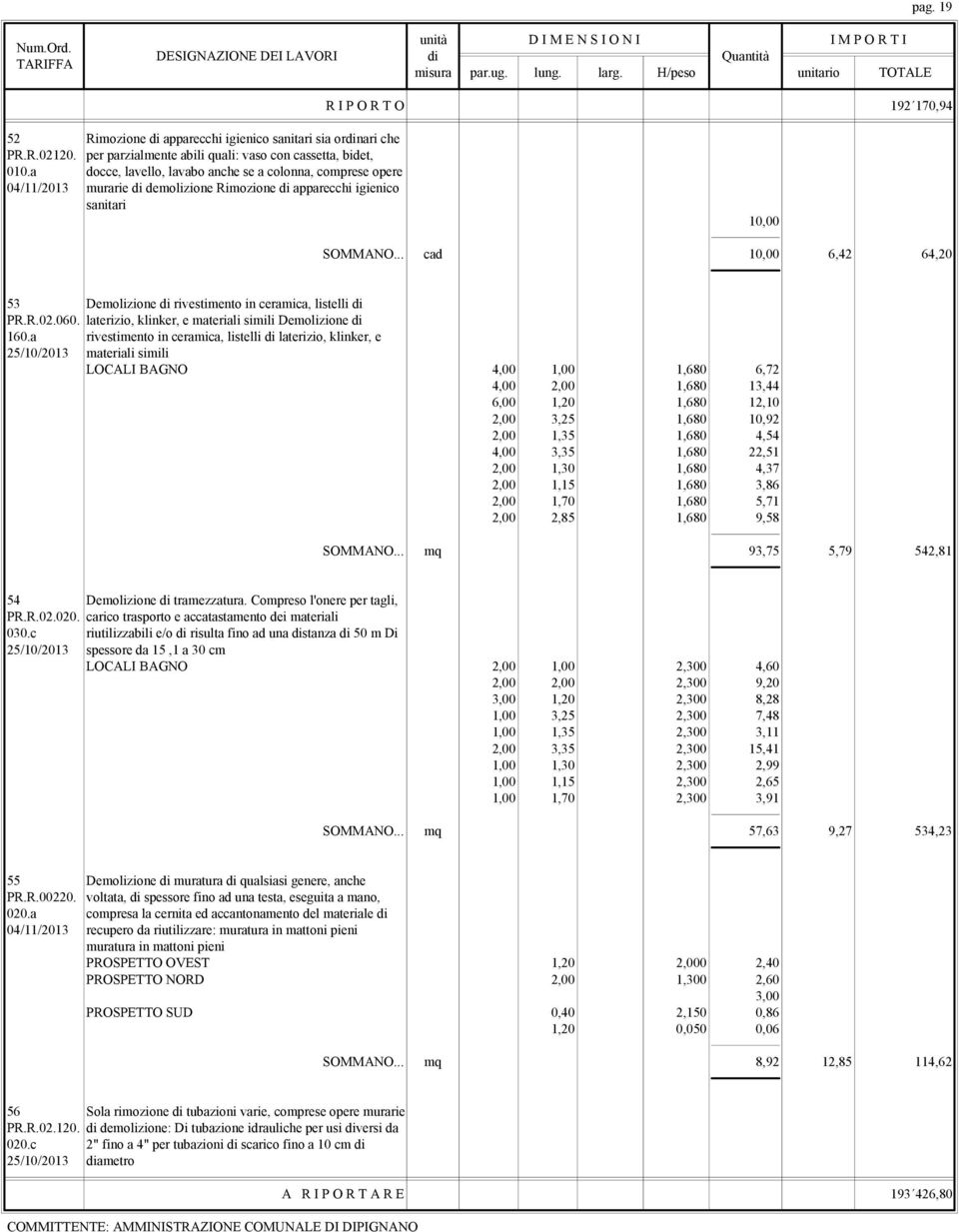 .. cad 10,00 6,42 64,20 53 Demolizione di rivestimento in ceramica, listelli di PR.R.02.060. laterizio, klinker, e materiali simili Demolizione di 160.