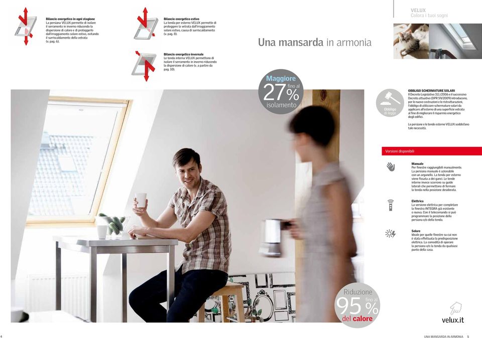 Una mansarda in armonia VELUX Bilancio energetico invernale Le tenda interna VELUX permettono di isolare il serramento in inverno riducendo la dispersione di calore (v. a partire da pag. 10).