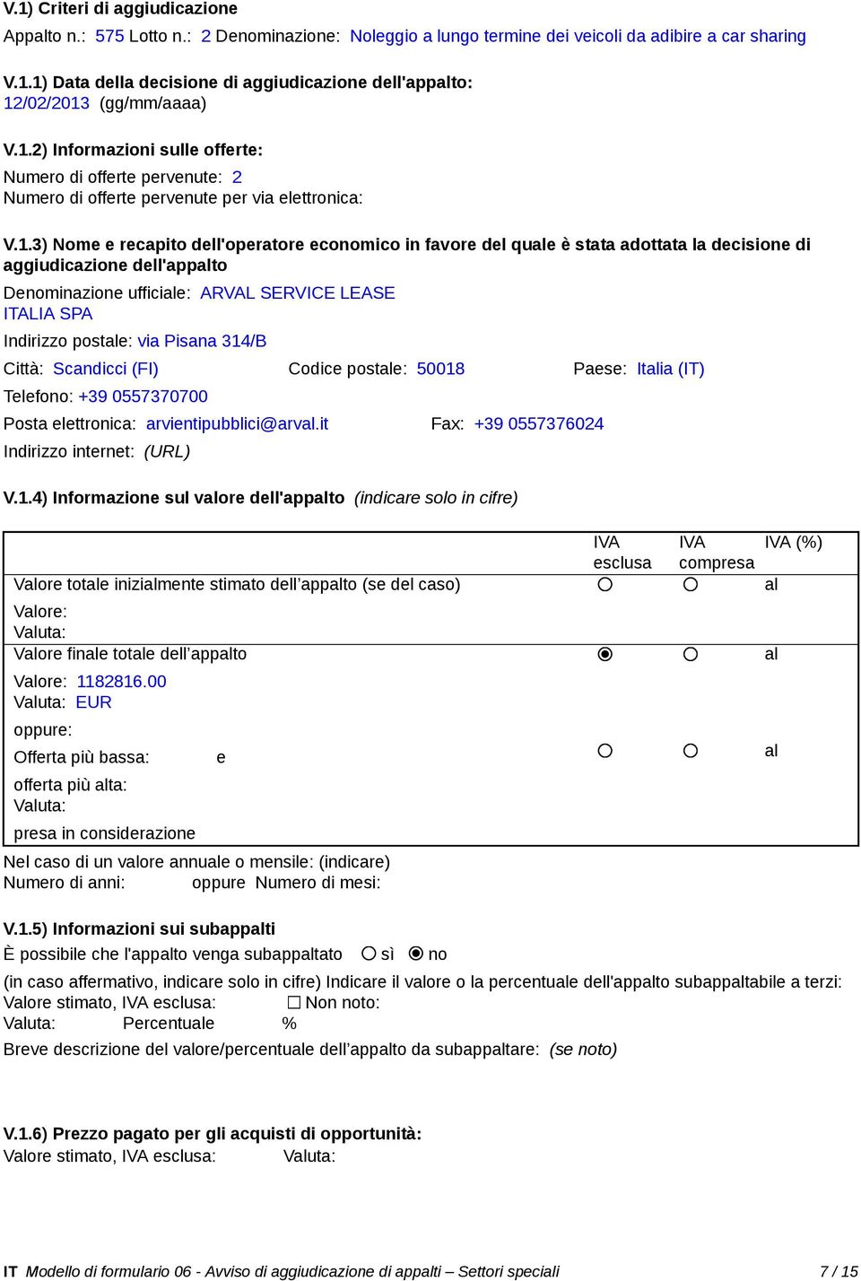 la decisione di aggiudicazione dell'appalto Denominazione ufficiale: ARVAL SERVICE LEASE ITALIA SPA Indirizzo postale: via Pisana 314/B Città: Scandicci (FI) Codice postale: 50018 Paese: Italia (IT)