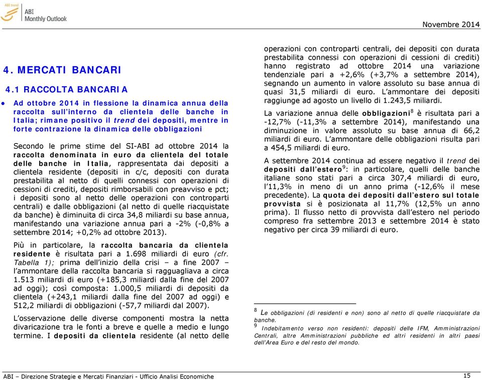 la dinamica delle obbligazioni Secondo le prime stime del SI-ABI ad ottobre 2014 la raccolta denominata in euro da clientela del totale delle banche in Italia, rappresentata dai depositi a clientela