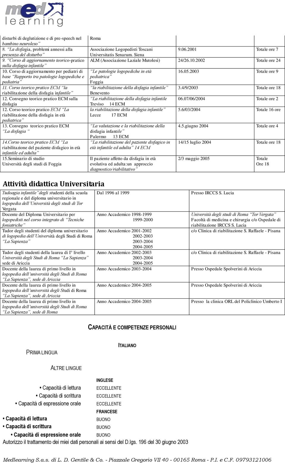 Convegno teorico pratico ECM sulla disfagia 12. Corso teorico pratico ECM La riabilitazione della disfagia in età pediatrica 13. Convegno teorico pratico ECM La disfagia 14.