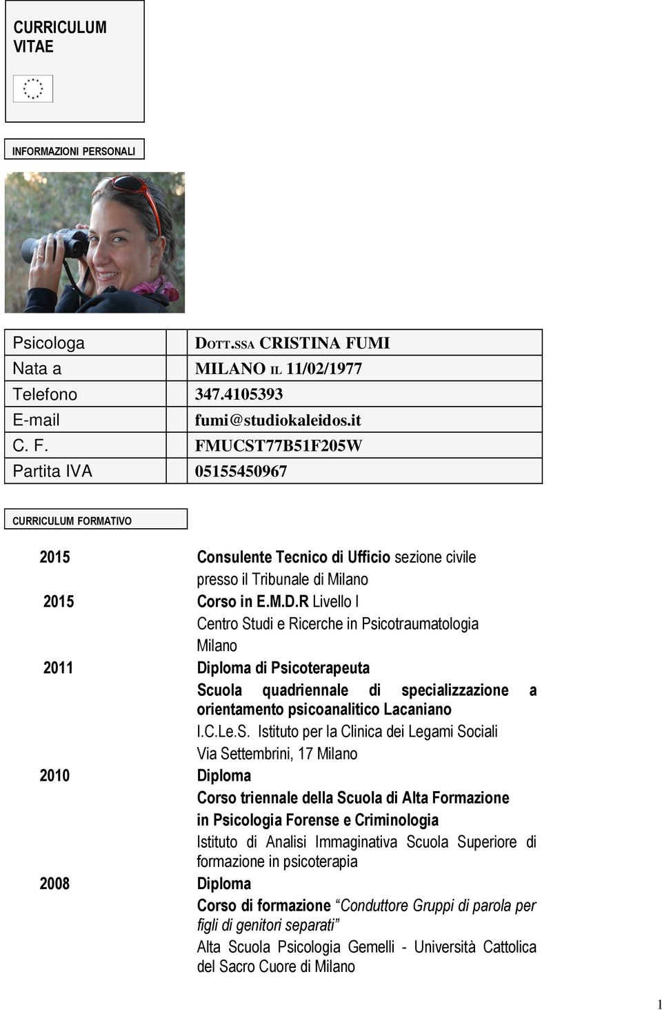 FMUCST77B51F205W Partita IVA 05155450967 CURRICULUM FORMATIVO 2015 Consulente Tecnico di Ufficio sezione civile presso il Tribunale di Milano 2015 Corso in E.M.D.