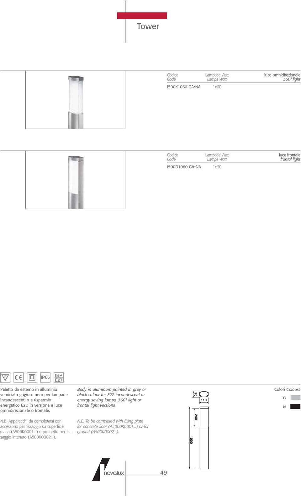 Body in aluminum painted in grey or black colour for E27 incandescent or energy saving lamps, 360 light or frontal light versions. 70 110.B. Apparecchi da completarsi con accessorio per fissaggio su superficie piana (A500K0001.